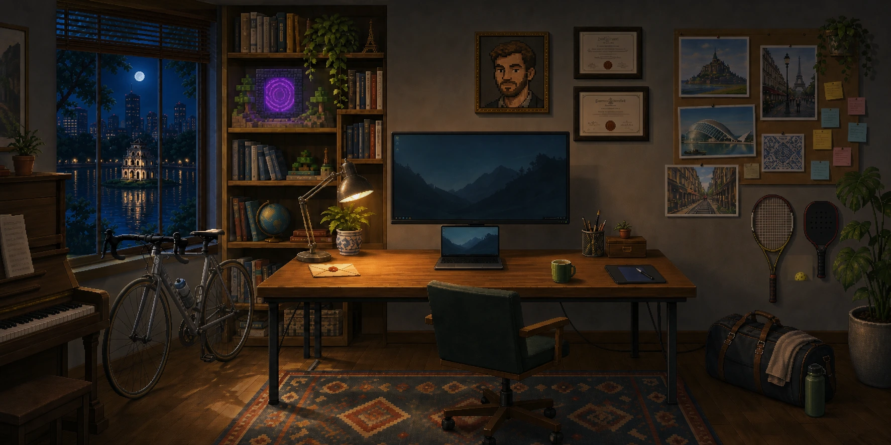 A warm pixel-painted panoramic studio filled with objects from Quentin’s life